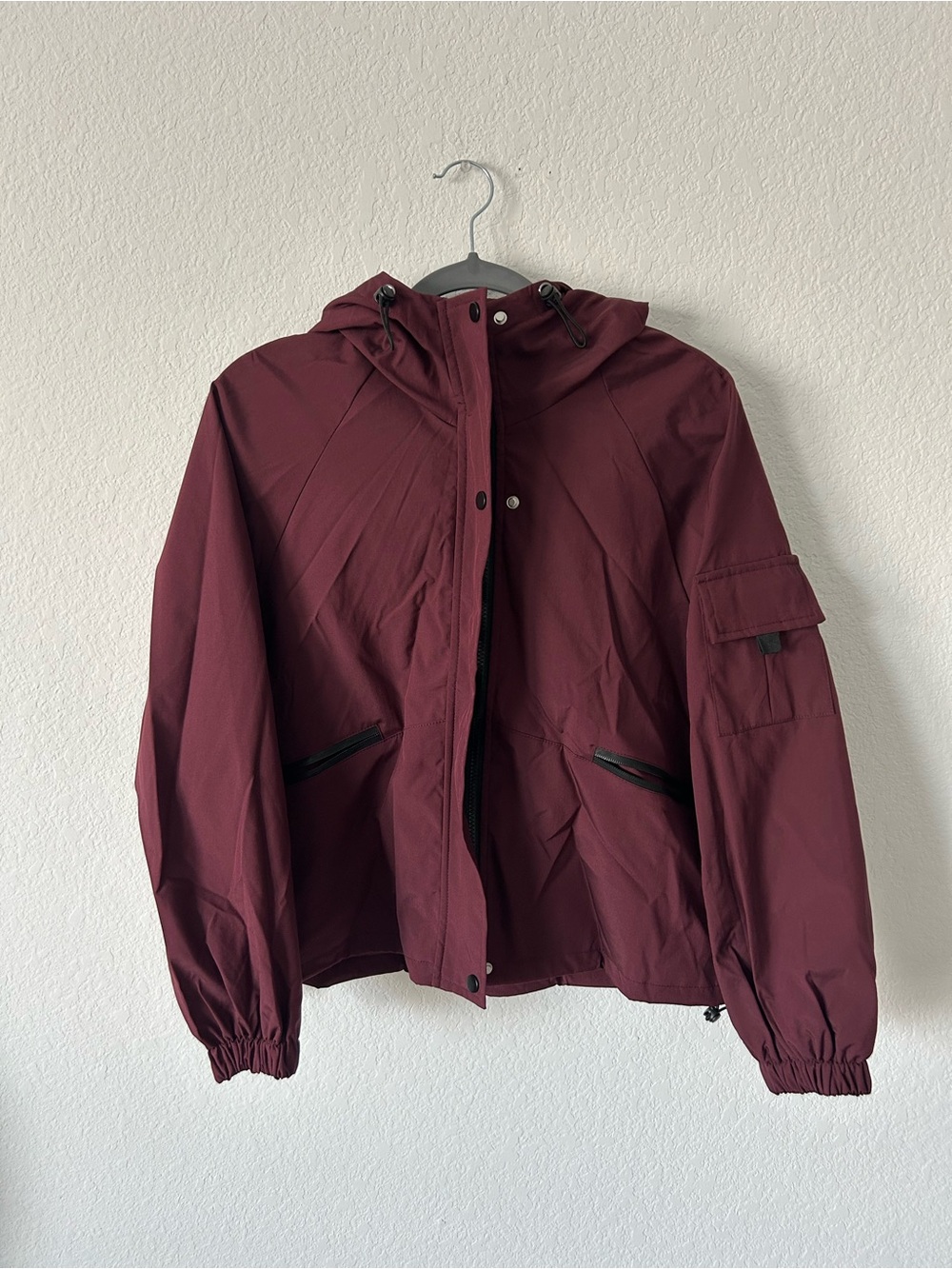 Burgundy Cropped Utility Windbreaker Jacket Hooded Gorpcore Size XXL